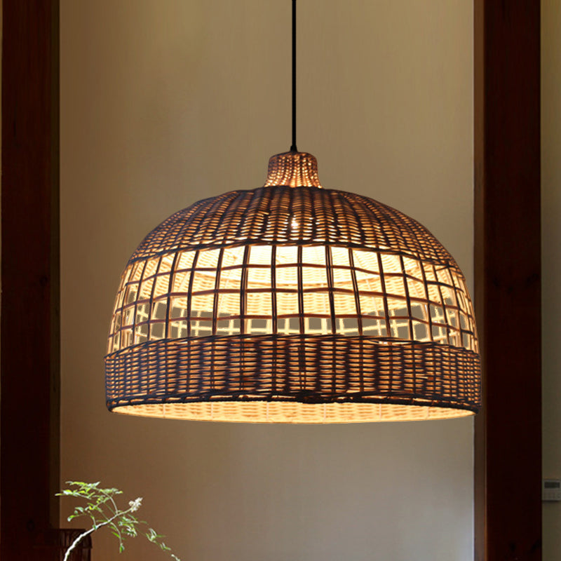 Rustic Gridded Bamboo Pendant Lamp For Table Suspended By 1 Bulb Beige