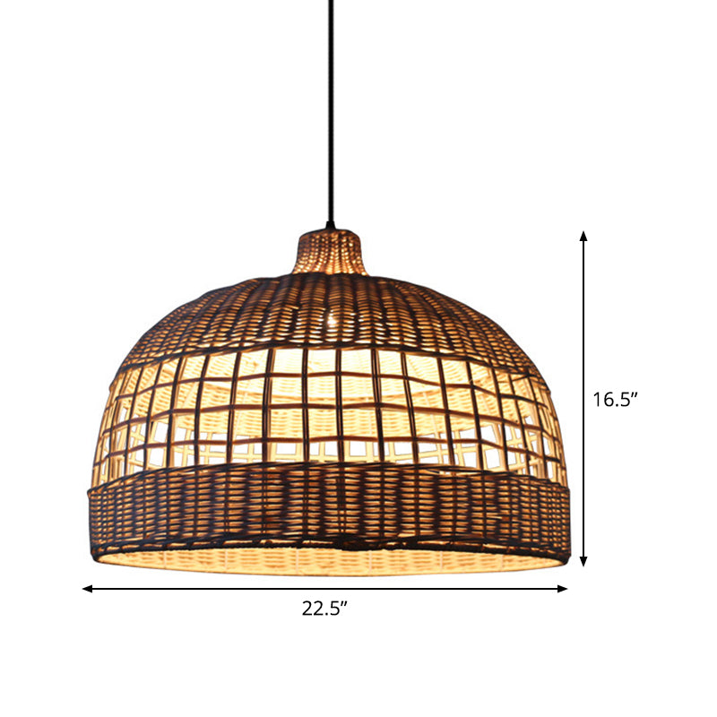Rustic Gridded Bamboo Pendant Lamp For Table Suspended By 1 Bulb