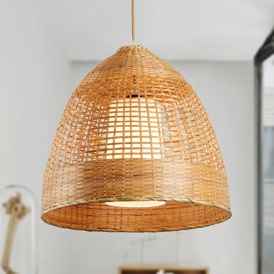 Bamboo Grid Bell Single-Bulb Asian Pendant Light In Beige - Living Room Hanging Lamp
