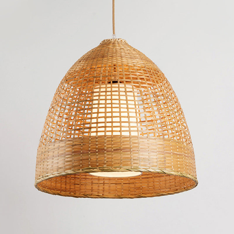 Bamboo Grid Bell Single-Bulb Asian Pendant Light In Beige - Living Room Hanging Lamp