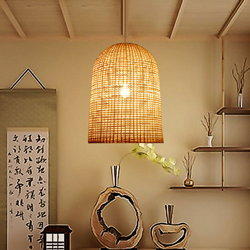 Chinese Beige Pendant Lighting With Bamboo Shade - 1-Light Restaurant Ceiling