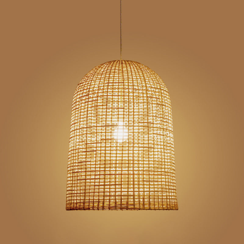 Chinese Beige Pendant Lighting With Bamboo Shade - 1-Light Restaurant Ceiling