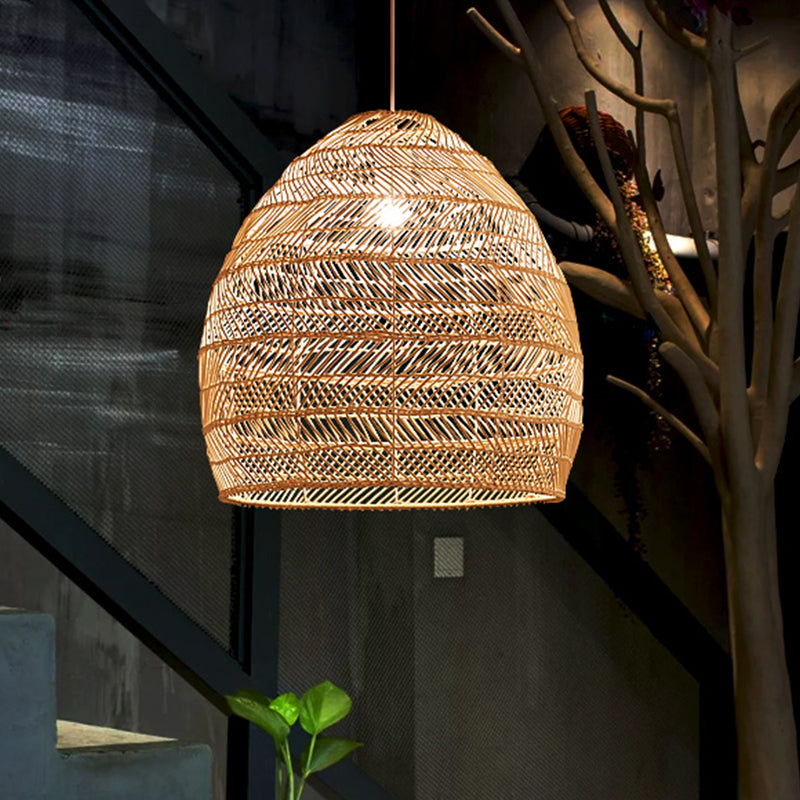 Bamboo Cloche Hanging Light Kit - Tropical Pendant Lighting Fixture (1 Head 14/18 Wide) Beige