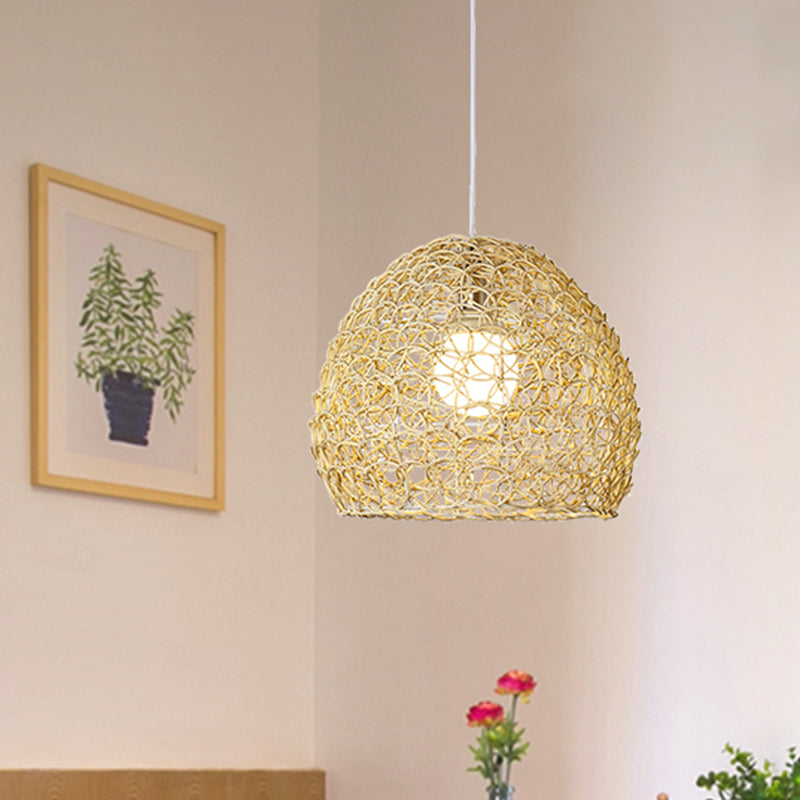 Sleek Bamboo Beige Pendant Light For Dining Room - Hemispherical Pendulum Design