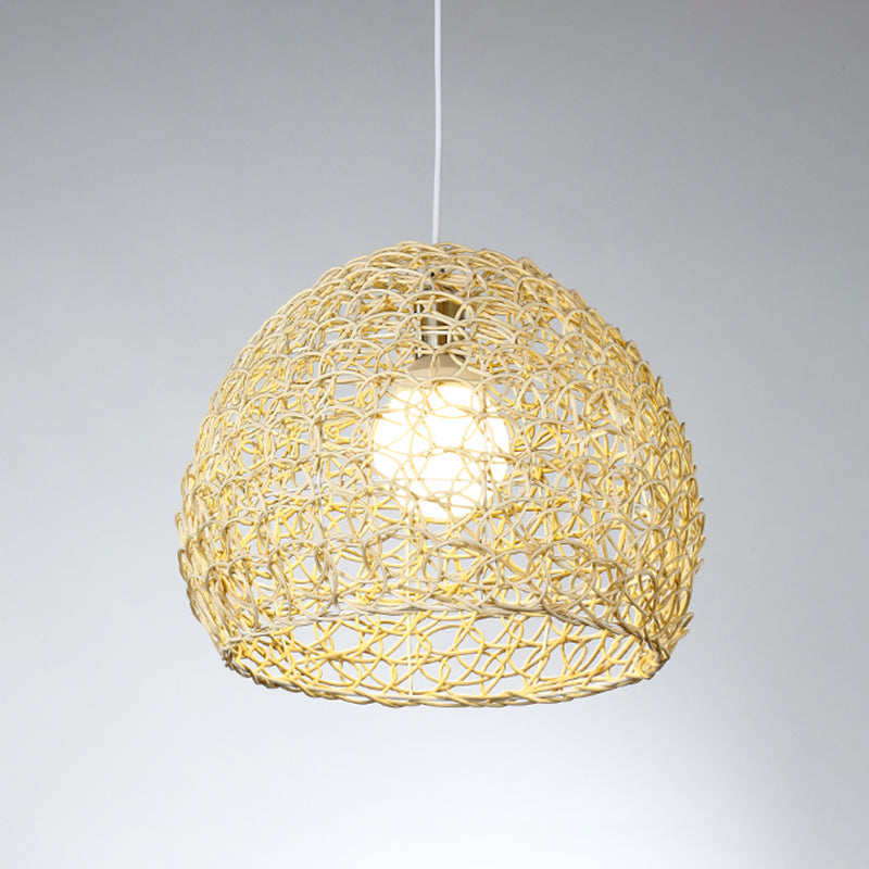 Sleek Bamboo Beige Pendant Light For Dining Room - Hemispherical Pendulum Design