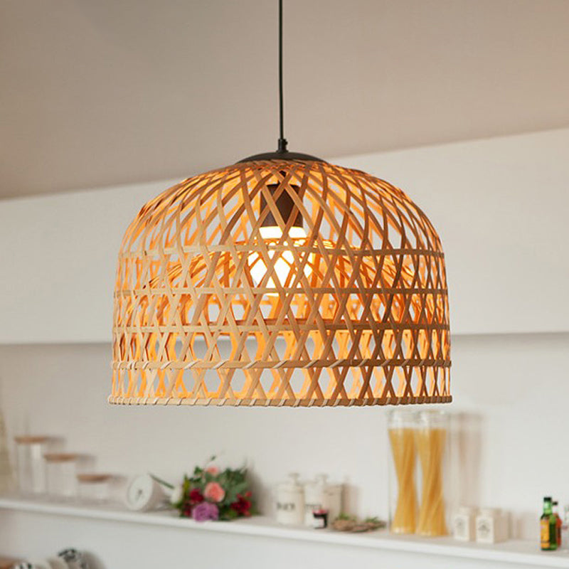 Cross Woven Bamboo 2-Layer Pendant Light For Kitchen Ceiling - Asia In Beige