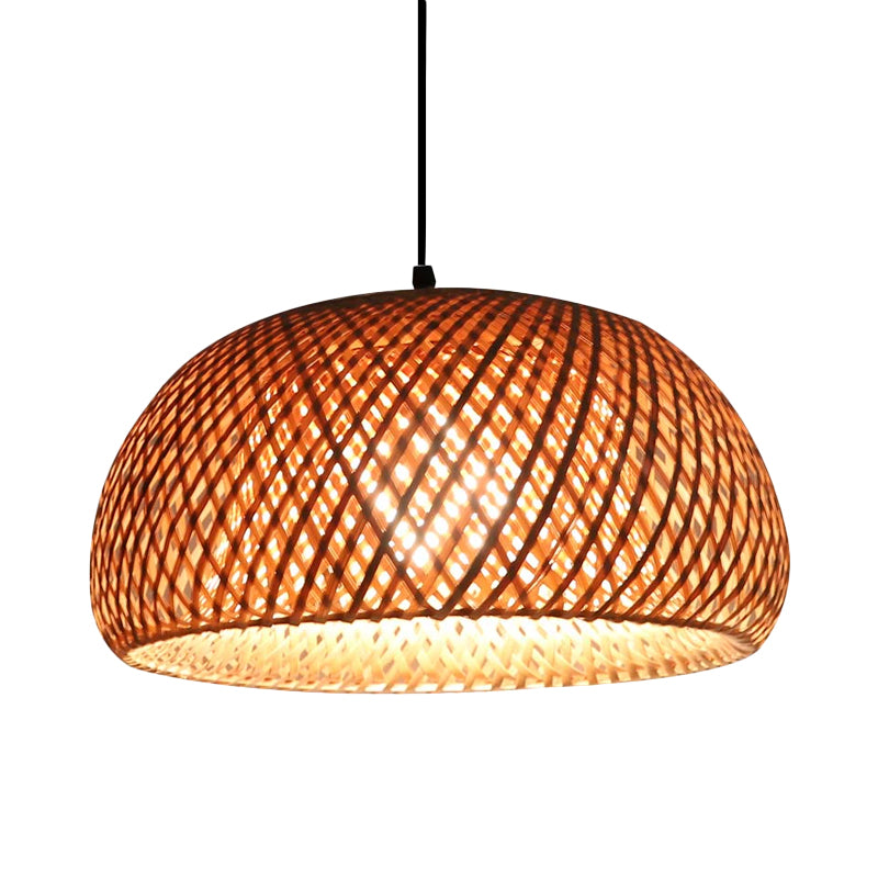Dual Dome Bamboo Hanging Light - 12/15 Wide Pendant Lamp Beige Shade Asian-Inspired Parlor Lighting