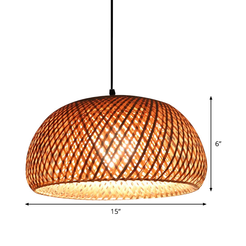 Dual Dome Bamboo Hanging Light - 12/15 Wide Pendant Lamp Beige Shade Asian-Inspired Parlor Lighting