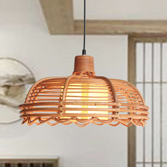Bamboo Braided Drop Lamp | Chinese Style Ceiling Pendant With Cylinder Shade 1-Head Beige Shallow