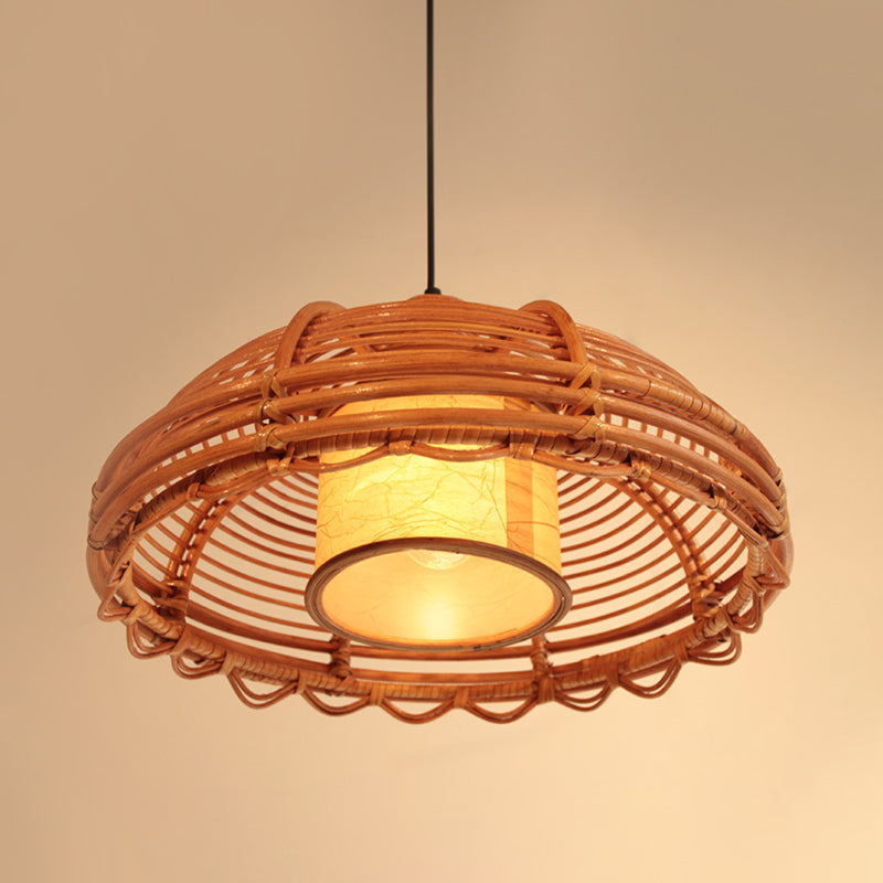 Bamboo Braided Drop Lamp | Chinese Style Ceiling Pendant With Cylinder Shade 1-Head Beige Shallow