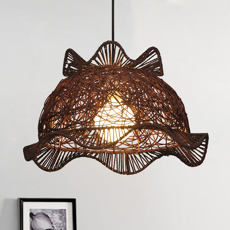 Modernist Bamboo Ceiling Lamp With Ruffle-Edge Bowl Pendant For Dining Room Coffee