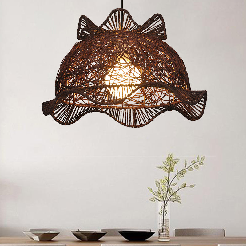Modernist Bamboo Ceiling Lamp With Ruffle-Edge Bowl Pendant For Dining Room