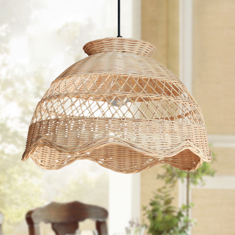 Bamboo Hollow Hanging Light: Beige Pendant With Scalloped Trim - Asia Style
