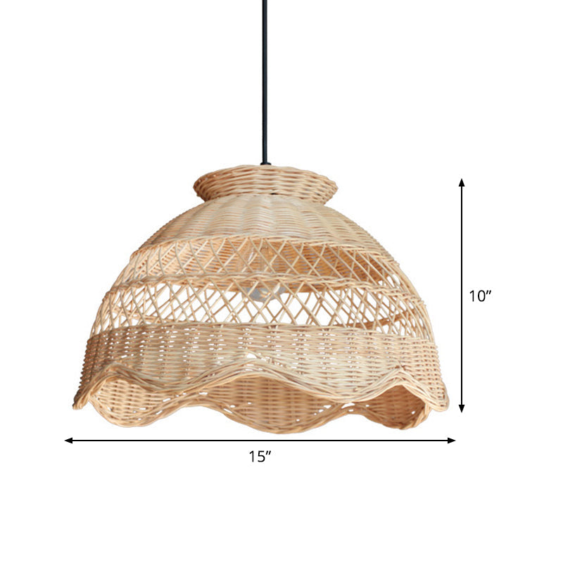 Bamboo Hollow Hanging Light: Beige Pendant With Scalloped Trim - Asia Style