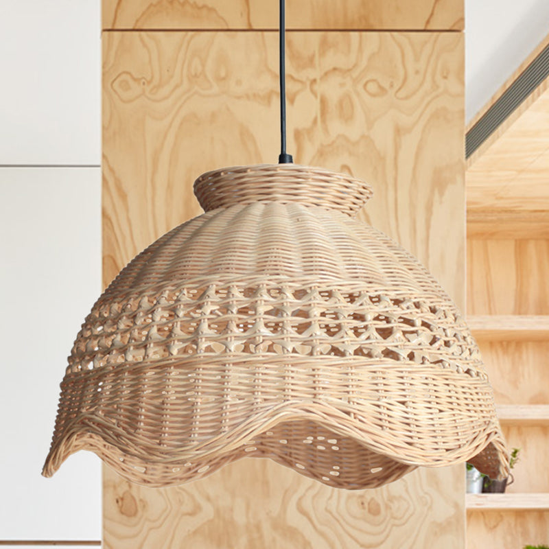 Modern Bamboo Domed Pendant: Stylish Dining Table Lighting Fixture With Scalloped Edge Beige