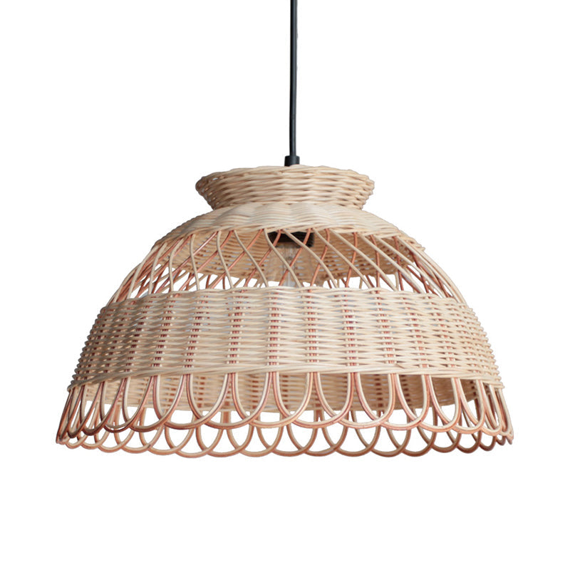 Scalloped Bamboo Pendant Light - Single-Bulb Ceiling Lamp In Khaki