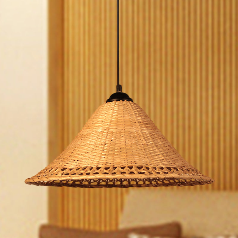 Natural Bamboo Hanging Pendant Lamp: Asia Cone Hat Design Brown Ideal For Dining Room Ceiling