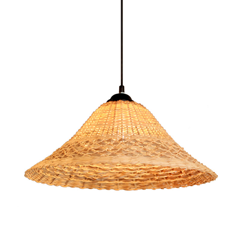 South East Asian Bamboo Pendant Lamp With Wide Flare And Brown Suspension - Includes 1 Bulb