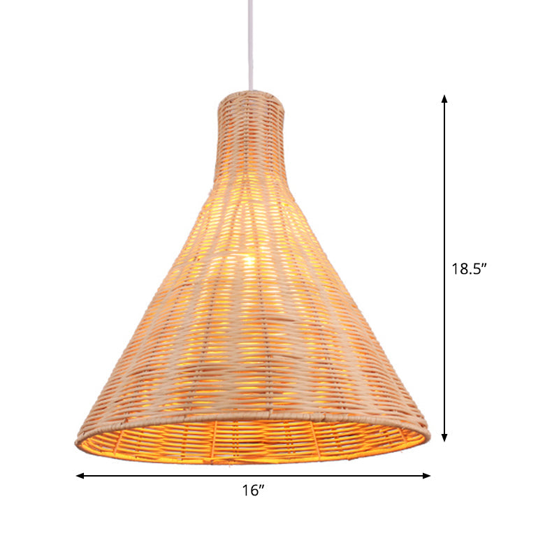 14/16 Inch Conical Bamboo Suspension Pendant - 1 Head Khaki Hanging Lamp Kit