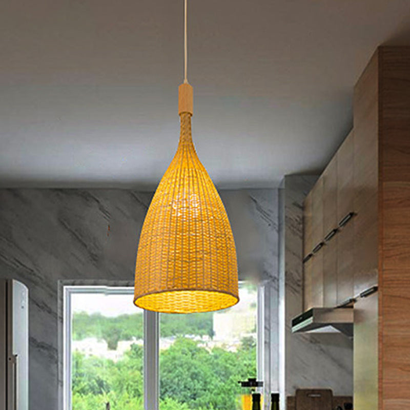 Asia Beige Pendant Light: Single Restaurant Suspension Lamp With Bamboo Funnel Shade