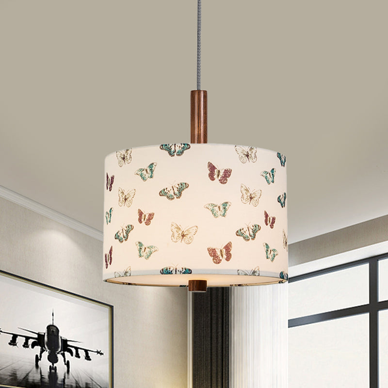Korean Country Style Drum Fabric Hanging Pendant - White With Butterfly Pattern