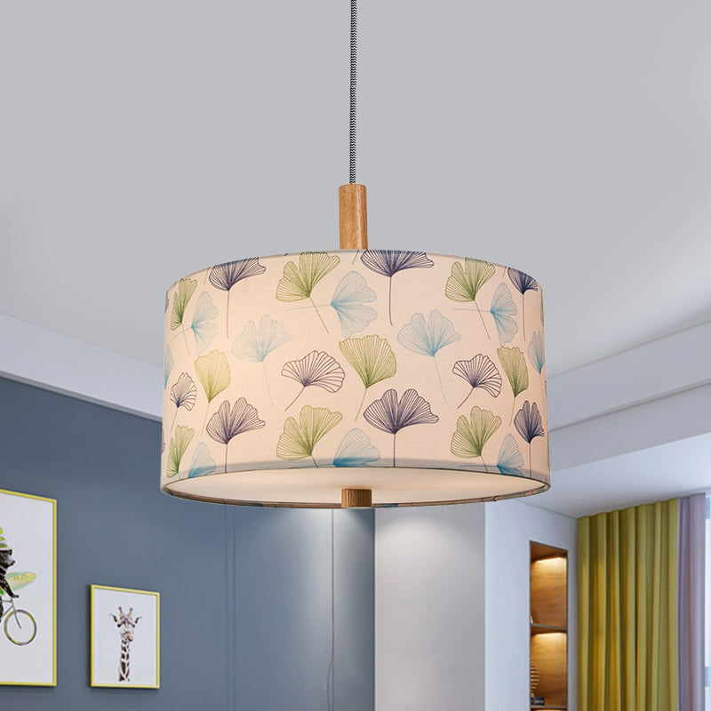 Ginkgo Leaves Suspension Light - Countryside White Drum Ceiling Pendant Lamp