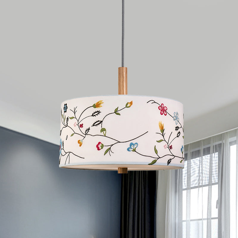 Korean Countryside Pendulum Light Drum Hanging Lamp With Embroidery Design - Fabric White 1 Head Kit