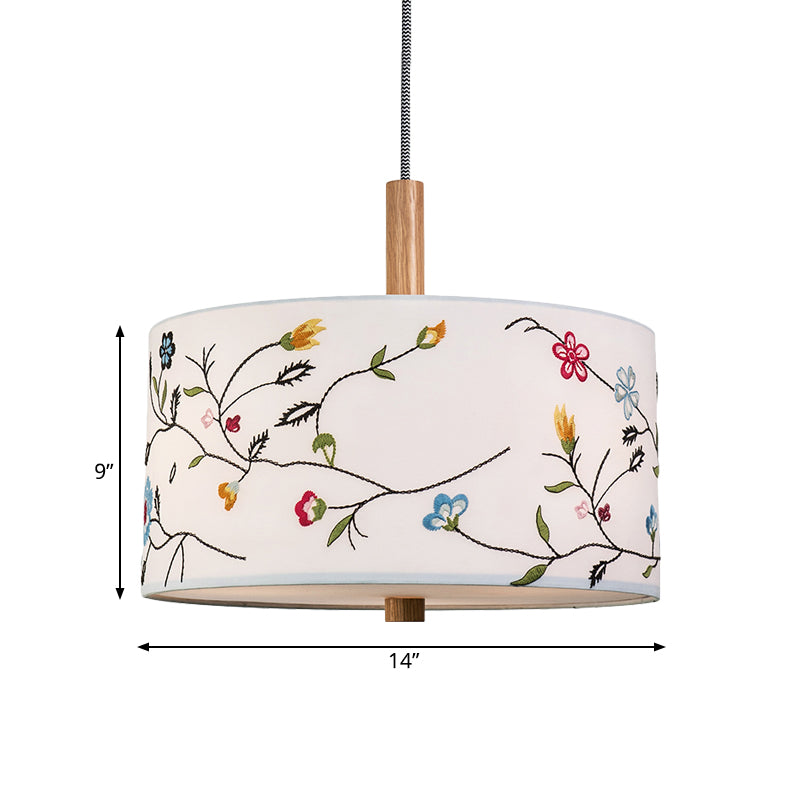 Korean Countryside Pendulum Light Drum Hanging Lamp With Embroidery Design - Fabric White 1 Head Kit