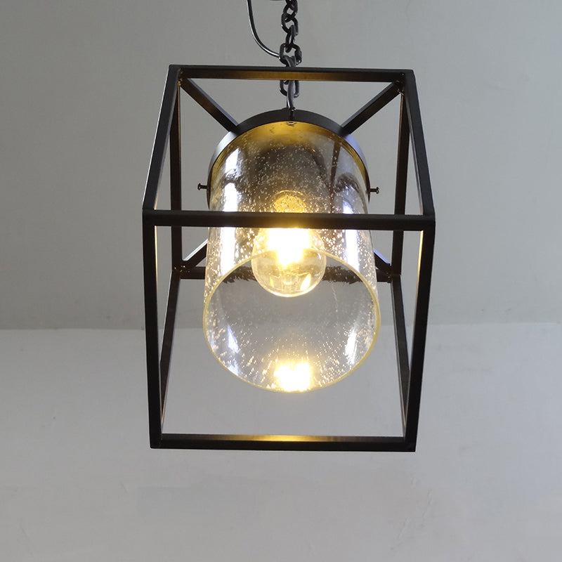 Vintage Cylinder Pendant Lamp With Clear Seeded Glass Drop Black Finish And Rectangle Cage
