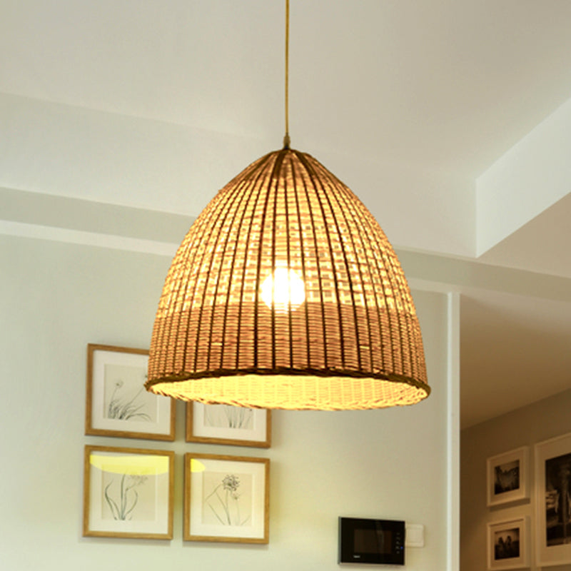 1-Light Asian Bamboo Pendant Ceiling Light: Beige Dining Room Hanging Lamp