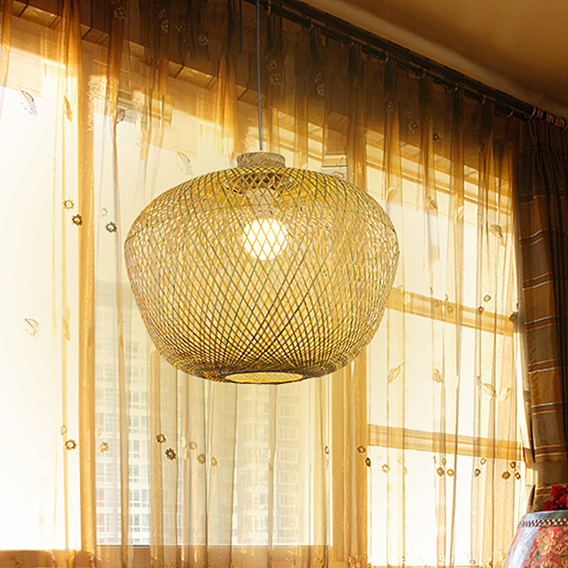 Bamboo Weaving Ceiling Lamp: Asian Crock Design 1 Light Pendant In Beige For Living Room