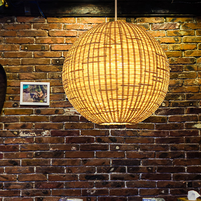 Spherical Asian Bamboo Pendant Ceiling Light - Beige 1-Bulb Suspension Lighting For Restaurants