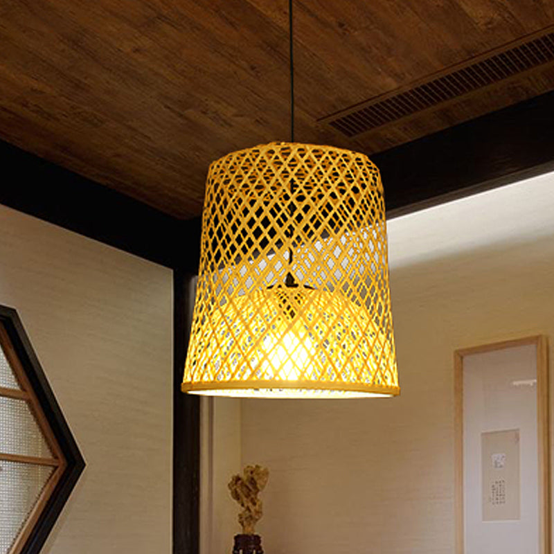 Asia Bamboo Barrel Pendant Lamp - Single Beige Shade For Table
