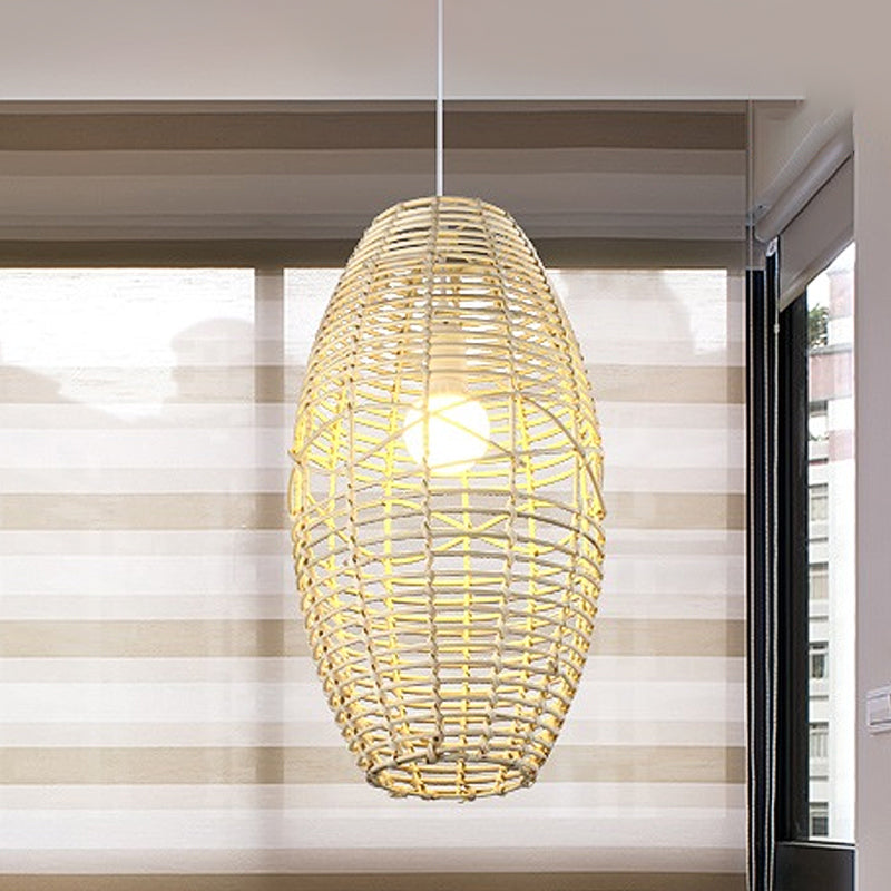 Bamboo Bistro Pendant Lamp With Hand Braided Ellipse Design - Single Bulb Chinese Hanging Light In