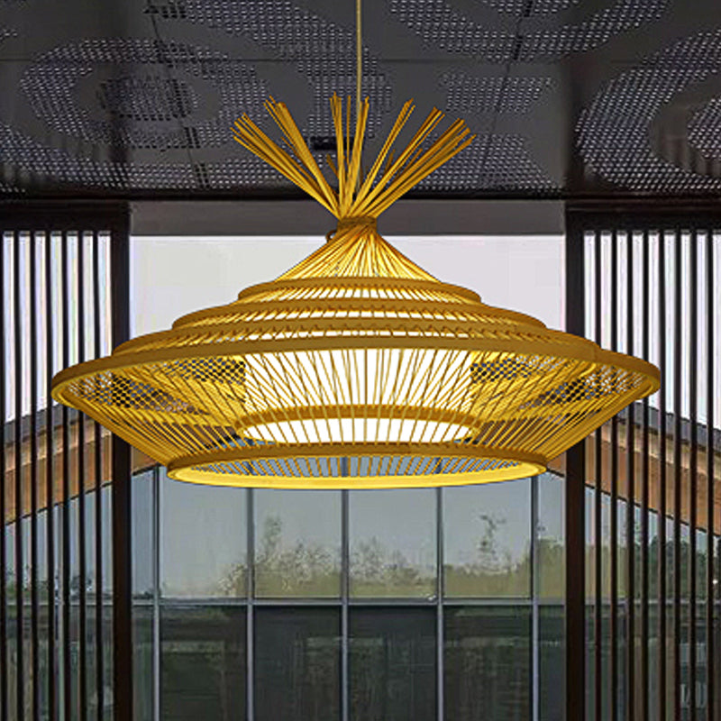 Chinese Restaurant Pendant Light With Unique Urn Cage And Barrel Shade Beige