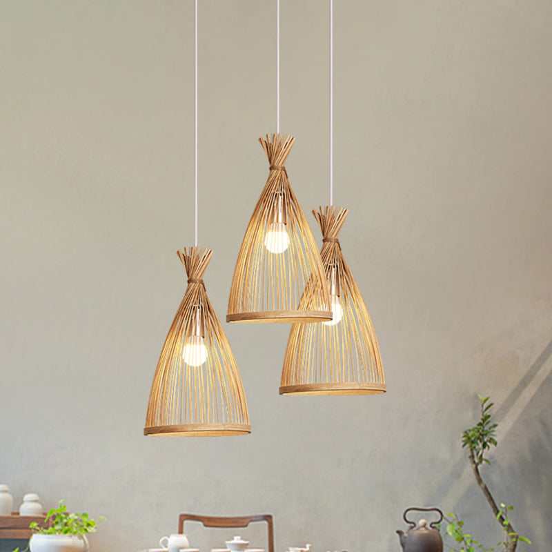 Japanese Bamboo Cage Pendant Lamp - Tapered Wood Design 1 Head Suspended Lighting Fixture