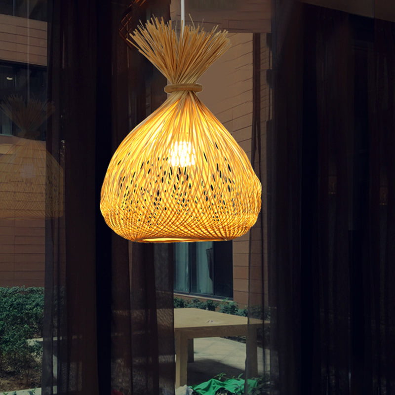 Chinese Bamboo Sack Bag Pendant Ceiling Light - Khaki Cross-Woven Design | Guest Room Lighting