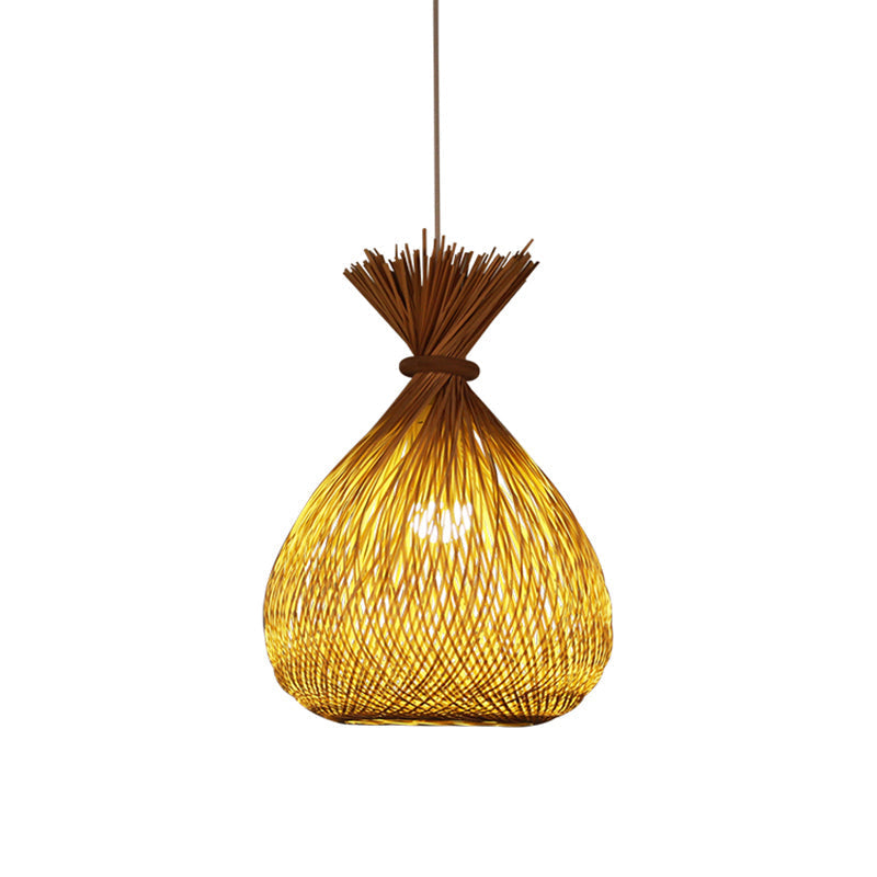 Chinese Bamboo Sack Bag Pendant Ceiling Light - Khaki Cross-Woven Design | Guest Room Lighting