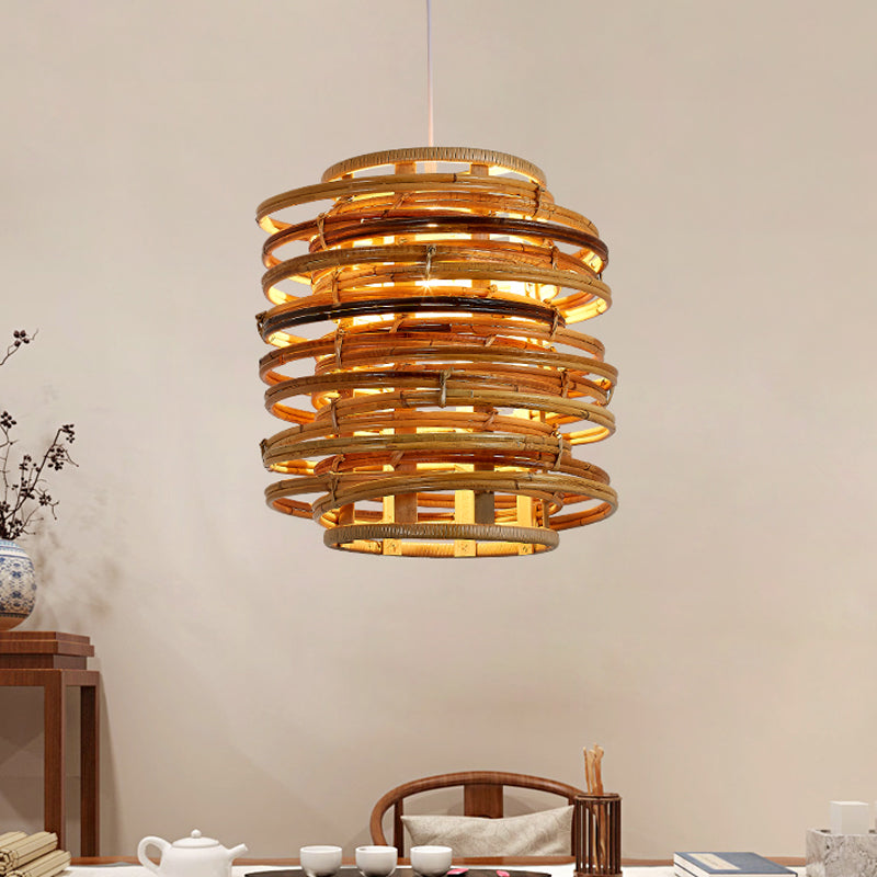 Bamboo Suspension Pendant Light - Asian Single Beige Perfect For Dining Table