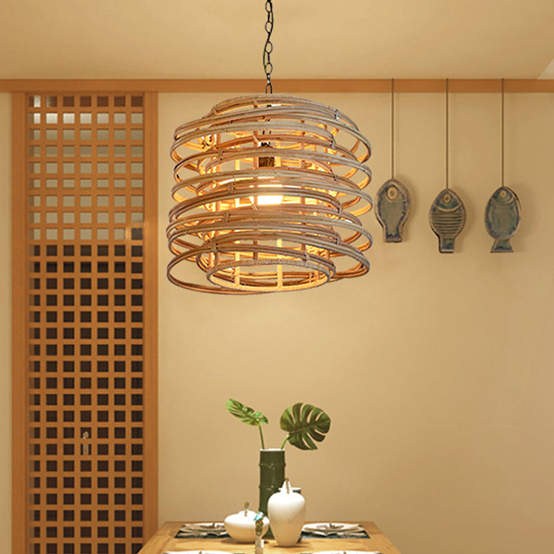 Asian-Inspired Swirling Wooden Head Pendant With Bamboo Shade - Perfect For Massage House Lighting