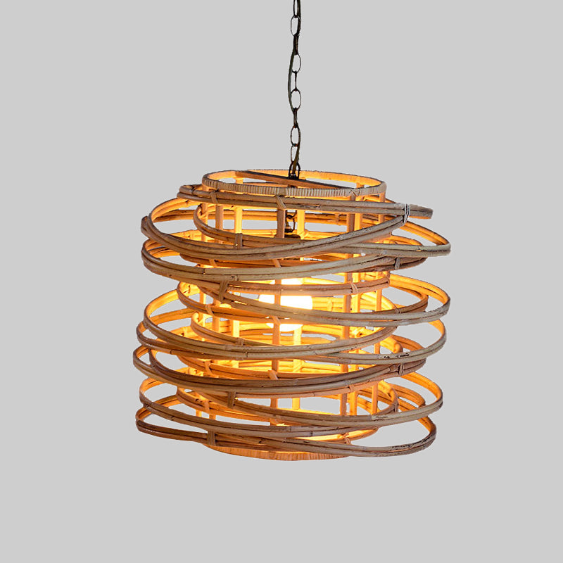 Asian-Inspired Swirling Wooden Head Pendant With Bamboo Shade - Perfect For Massage House Lighting