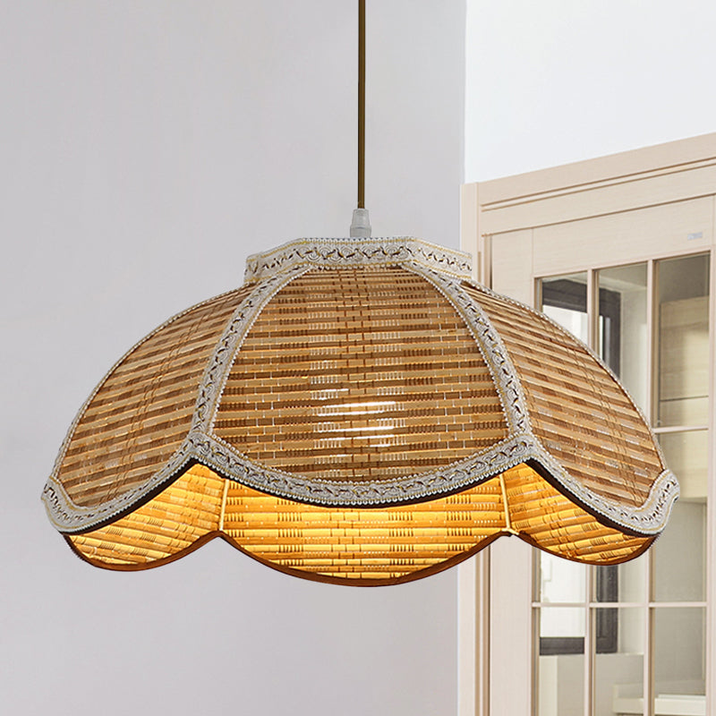 Scalloped Bamboo Hanging Lamp: Handwoven Asian Ceiling Pendant With Braided Trim (1 Bulb) For