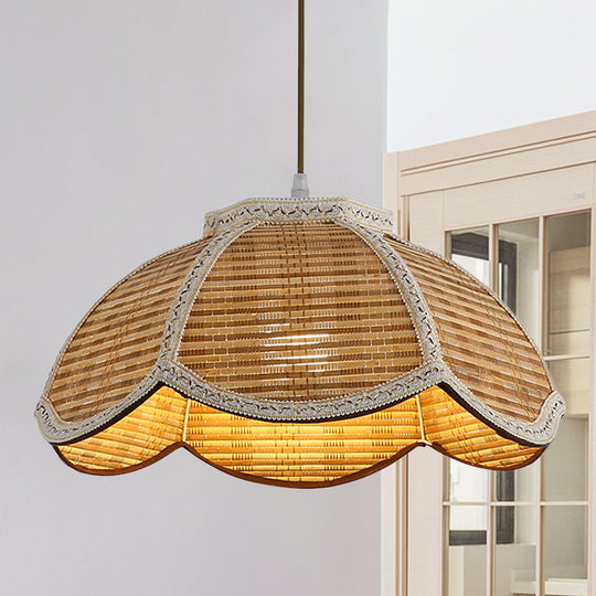 Scalloped Bamboo Hanging Lamp: Handwoven Asian Ceiling Pendant With Braided Trim (1 Bulb) For