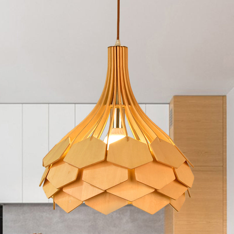 Beige Teardrop Pendant Light Fixture: Asia Wood Single Hanging Lamp With Pinecone Element