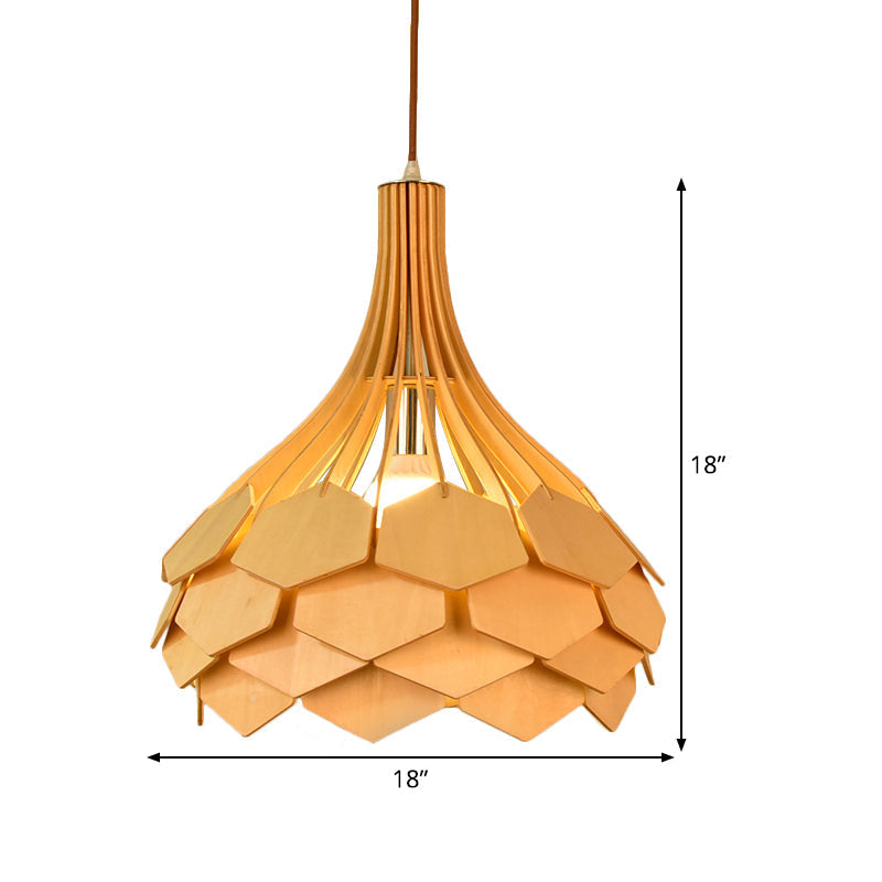 Beige Teardrop Pendant Light Fixture: Asia Wood Single Hanging Lamp With Pinecone Element