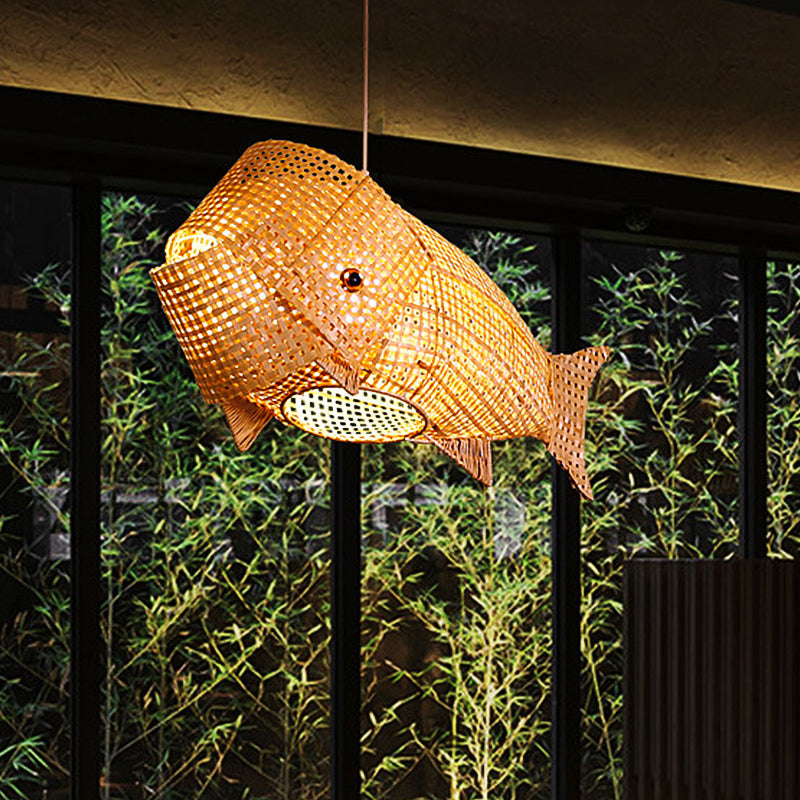 Chinese Ceiling Pendant: Carp Fish Restaurant Hanging Light Bamboo Woven 1-Light Design In Beige