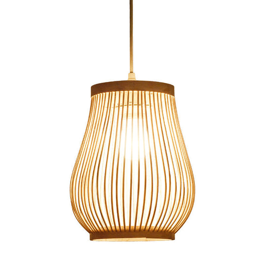 Asia Bamboo Hand-Worked Pear Cage Pendant Terrace Ceiling Light - Wood 1 Bulb