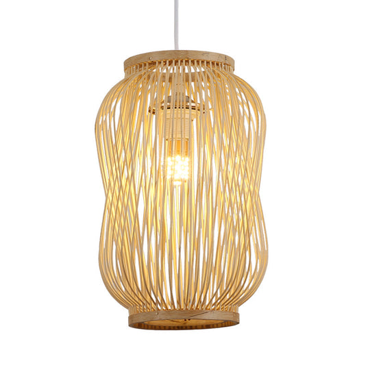 Chinese Style Beige Gourd Cage Pendant Lighting: Single Bamboo Hanging Lamp For Table