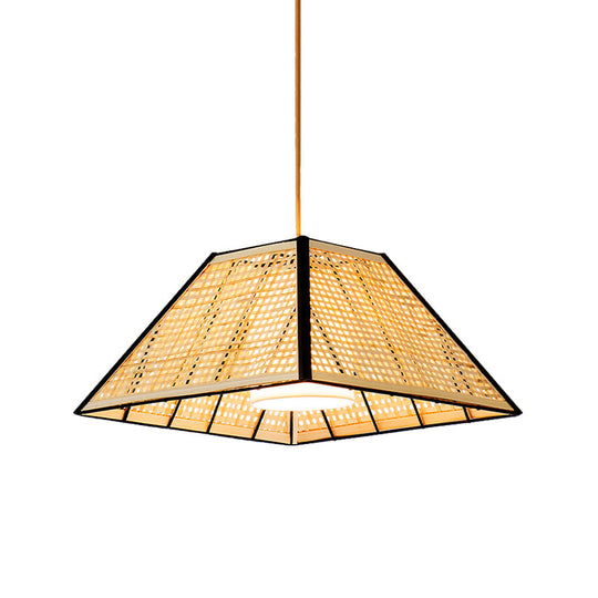 Bamboo Pyramid Pendant Lamp With Gridded Japanese Design For Restaurant Suspension Lighting