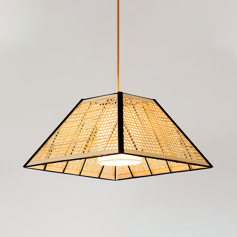 Bamboo Pyramid Pendant Lamp With Gridded Japanese Design For Restaurant Suspension Lighting